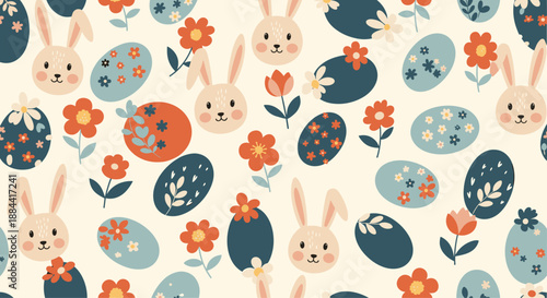 Vintage-style seamless Easter pattern with cute bunny faces, decorated eggs, and flowers in a muted color palette for a retro spring design.