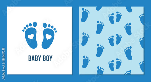 Baby boy shower card and matching seamless pattern set featuring blue baby footprints with hearts and 'Baby Boy' text for a newborn.
