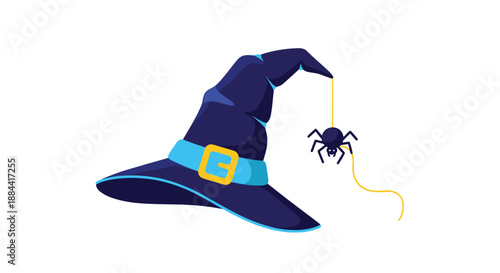 Cartoon illustration of a pointy blue witch hat with a yellow buckle, with a small black spider dangling from its tip, for Halloween.