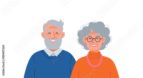 Portrait of a smiling and happy elderly couple, a man with a grey beard and a woman with glasses, isolated on a white background.