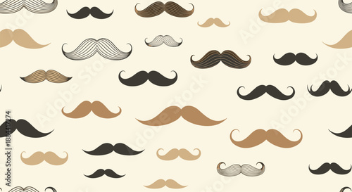 Seamless retro pattern featuring a variety of different mustache styles in shades of brown and black on a light beige background for Movember.