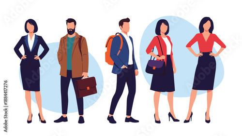 Group of professional men and women stand together in various modern outfits, representing diversity and team spirit.