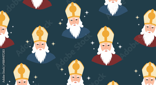 Seamless pattern for the Sinterklaas holiday, featuring portraits of Saint Nicholas with his mitre and sparkling stars on a dark background.