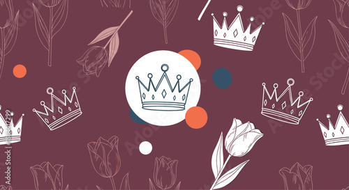 Regal background for Queen's Day or a royal event, featuring a pattern of hand-drawn crowns and tulips with a central crown icon.
