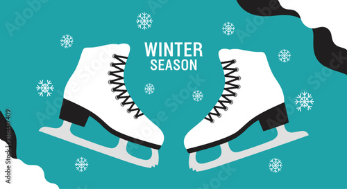 White ice skates illustration with snowflakes on a teal background represents the winter season and cold weather activities.