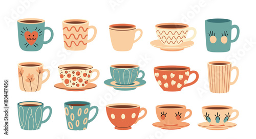 Assortment of decorative coffee mugs and teacups with various patterns and designs, perfect for a cozy cafe or kitchen theme.