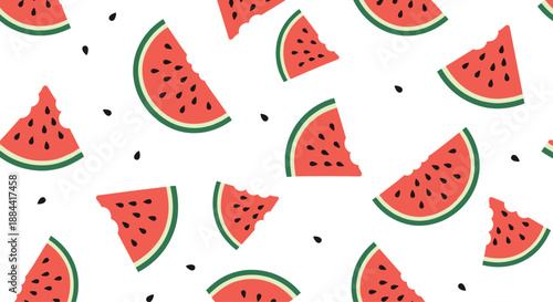 Refreshing seamless pattern featuring juicy red watermelon slices with black seeds, perfect for summer-themed backgrounds and designs.