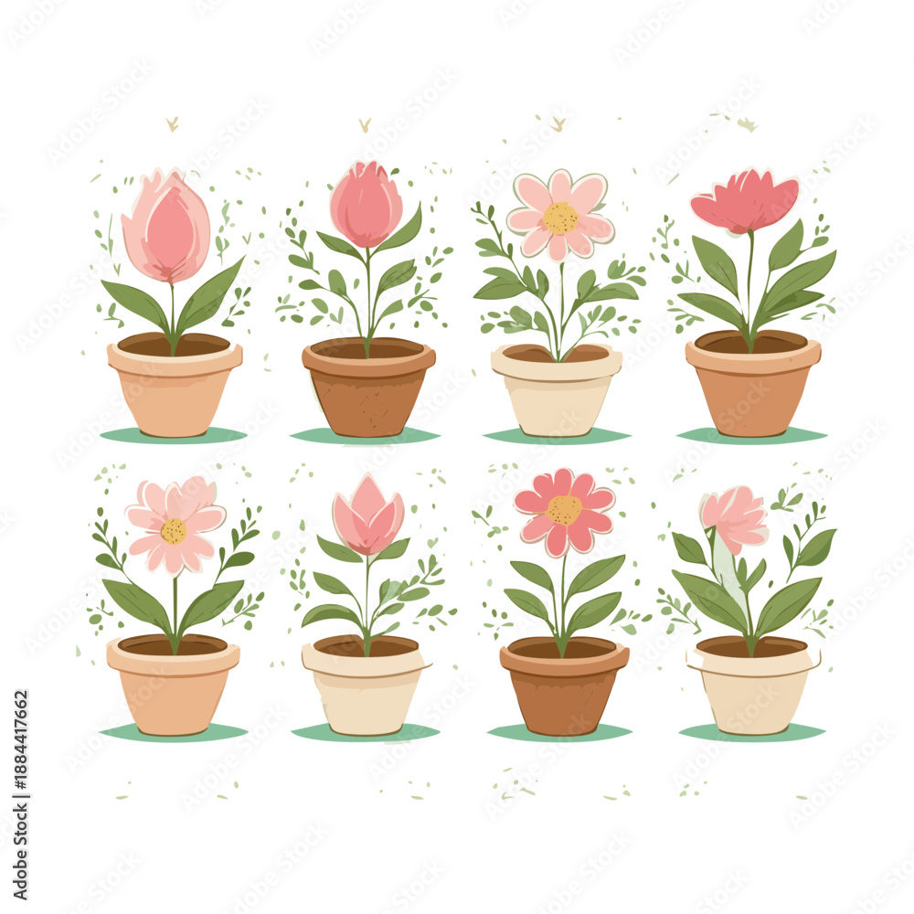 Obraz premium Minimalist green leaves and small flowers in simple brown pots for clean and modern home styling