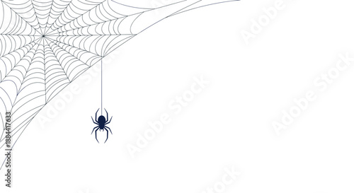 Minimalist Halloween background featuring a spider hanging from an intricate web in the corner, with ample copy space below.