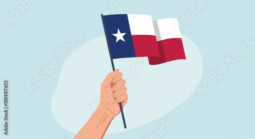 Waving the Lone Star flag of Texas, USA, held by a hand against a light blue background for a patriotic celebration.