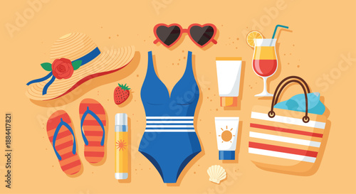 Top-down view of essential summer beach accessories laid out on the sand, including a swimsuit, hat, and sunscreen.