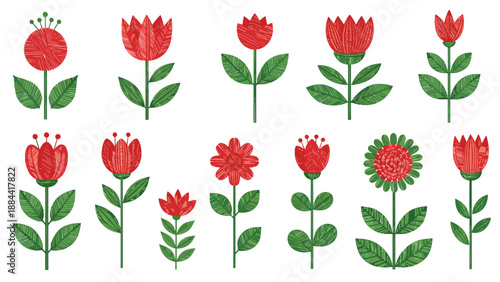 Group of eleven red flower illustrations with green leaves, rendered in a unique hatched or embroidered art style.