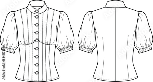 Women puff sleeve buttoned blouse technical fashion sketch front and back view fitted apparel template vector illustration for clothing design