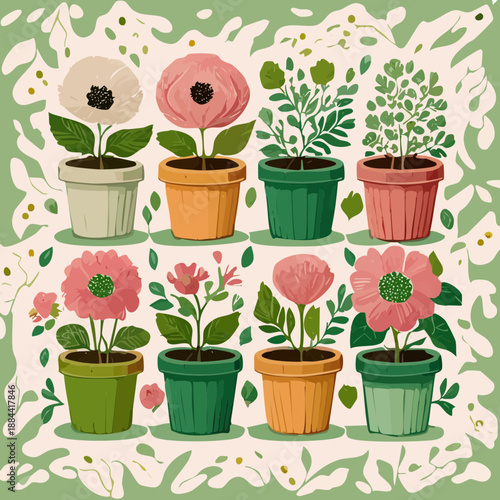 Artistic arrangement of garden flowers and herbs in patterned pots for creative home decoration and boutique shop