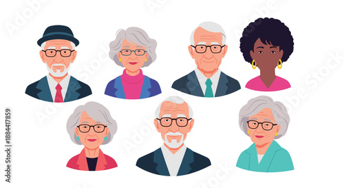 Diverse collection of senior citizen avatars, featuring elderly men and women with different styles, for user profiles.