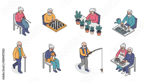 Active seniors engage in various rewarding hobbies such as knitting, playing chess, gardening, and peaceful fishing.