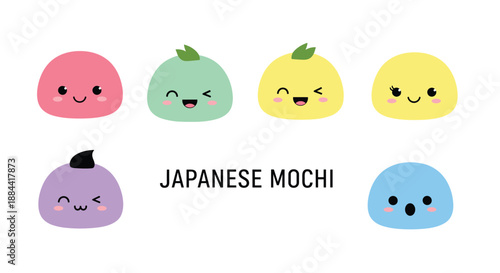 Adorable set of colorful kawaii Japanese mochi characters with cute faces and expressions, representing traditional sweets.