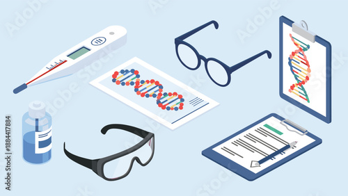 Isometric medical and laboratory equipment set including a thermometer, DNA models, glasses, and a patient clipboard.