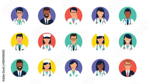 Professional collection of fifteen diverse medical staff icons featuring male and female doctors and nurses in uniform.