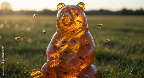 A glistening honey bear container, filled with golden liquid, sits amidst a sun-drenched grassy field as several busy bees buzz around it, representing natural sweetness and ecological harmony. surrea