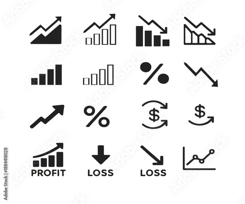 Finance Profit and Loss Vector Icons Set – Growth Chart, Decline Graph, Percentage, Dollar Exchange, Trend Arrows, Analytics Symbols
