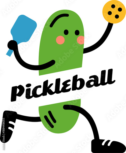 Pickleball pickle cartoon character playing, dill cucumber with paddle, minimalist flat logo