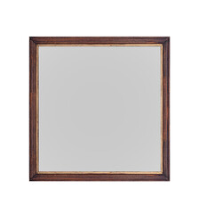 An empty vintage square wooden picture frame with a dark brown finish and gold inner trim isolated on a solid white background.