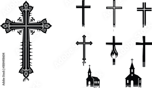 Christian cross silhouettes and church icons set featuring religious symbols, faith design elements, sacred spirituality illustrations isolated on white background for worship, branding