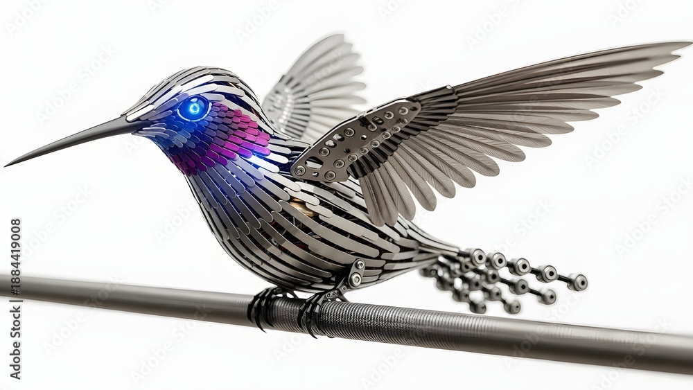 Fototapeta premium Detailed metallic hummingbird sculpture with iridescent feathers isolated on white background