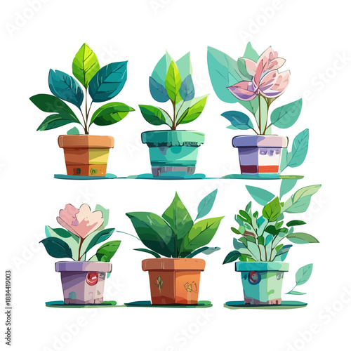 Mixed green leafy houseplants in blue pots for modern interior design and fresh indoor air purification concepts