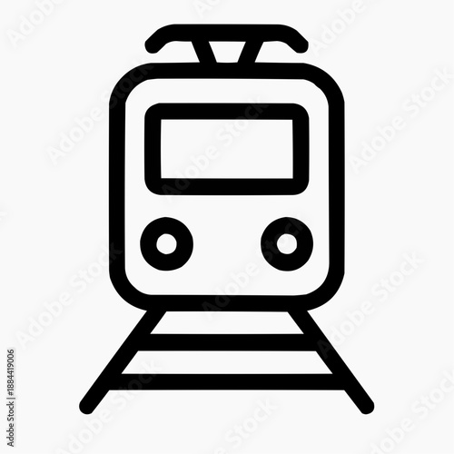 Line icon of a train front view and a line track — rail transport, black on white, square minimalist style