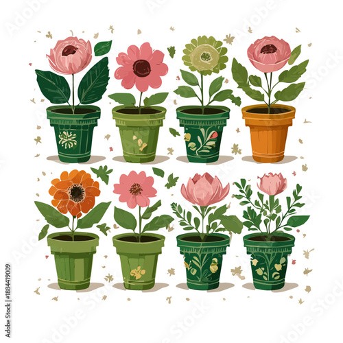 Pink and white daisy flowers in patterned pots for cheerful summer balcony and artistic garden decoration projects