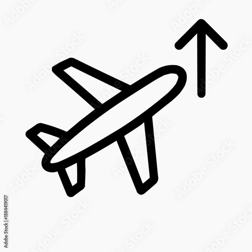 Line icon of an airplane and an upward arrow — air travel, black on white, square minimalist style