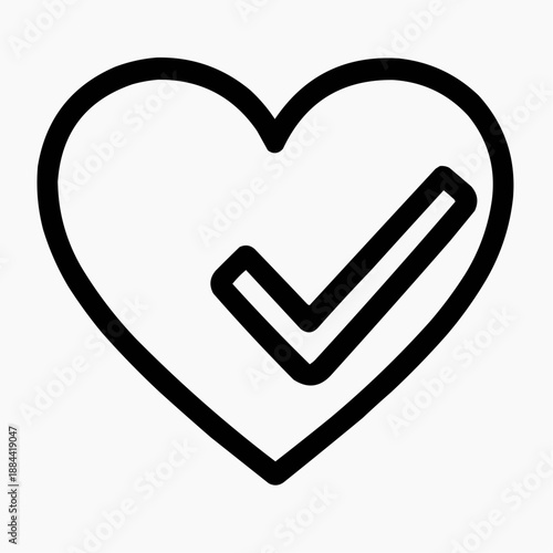 Line icon of a heart with a checkmark — trusted intentions, black on white, square minimalist style