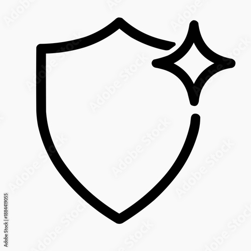 Line icon of a shield with a spark — fresh credibility, black on white, square minimalist style
