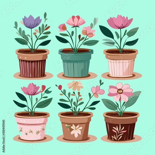 Purple and pink spring flowers in terracotta pots for delicate floral arrangements and seasonal garden decoration projects