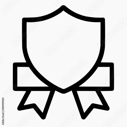 Line icon of a ribbon with a shield — trusted status, black on white, square minimalist style