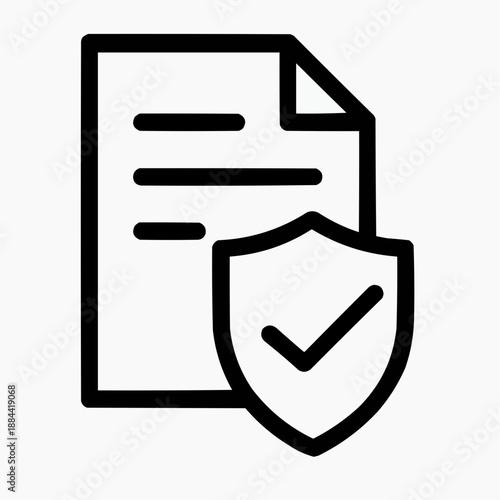 Line icon of a document with a shield — reputation record, black on white, square minimalist style
