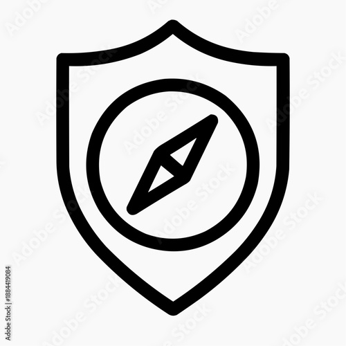 Line icon of a shield with a compass — moral direction, black on white, square minimalist style
