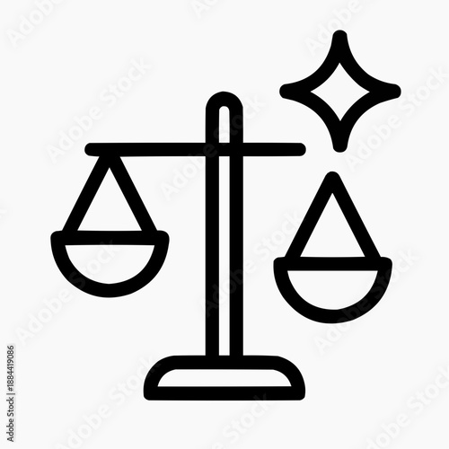Line icon of a scale and a spark — ethical balance, black on white, square minimalist style