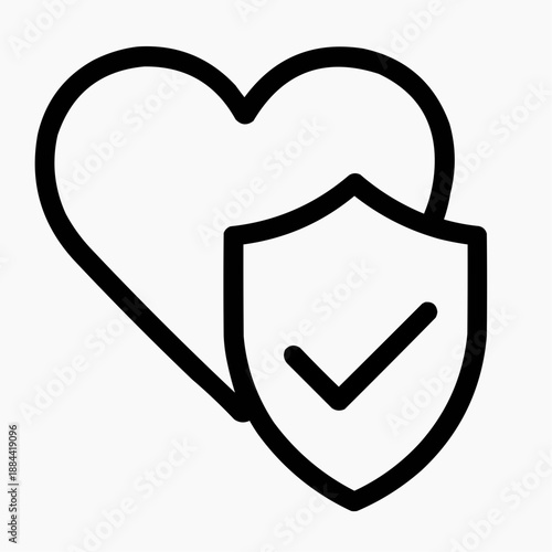 Line icon of a heart with a shield — integrity with care, black on white, square minimalist style