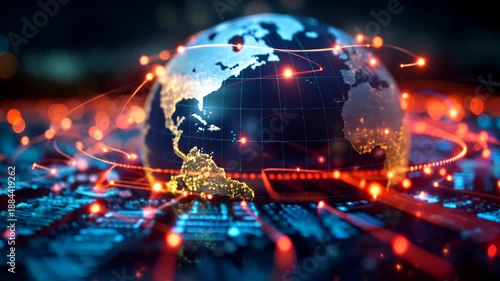 Digital network connecting earth globe with glowing data transfer, cyber security, internet traffic, futuristic communication technology