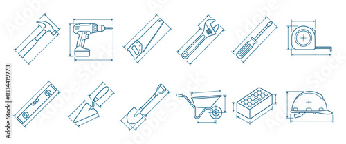 Construction tools and building equipment icon set in a blue line art style showing technical drawing dimensions for a hammer, drill, saw, and hard hat for engineering concepts