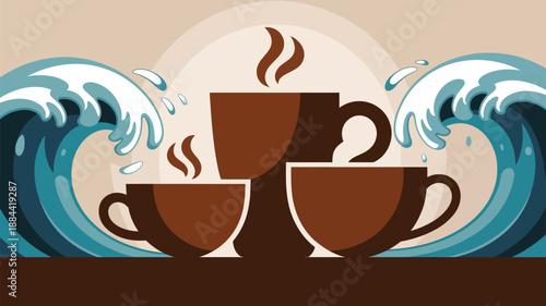 Steaming cups of coffee amidst waves