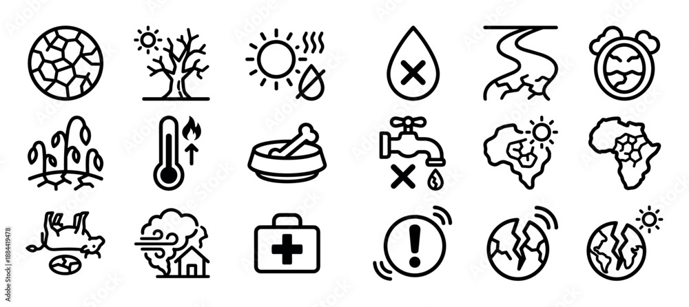 Fototapeta premium Set of black line icons representing drought, climate change, and global warming concepts like water scarcity, famine, desertification, and natural disasters for environmental awareness