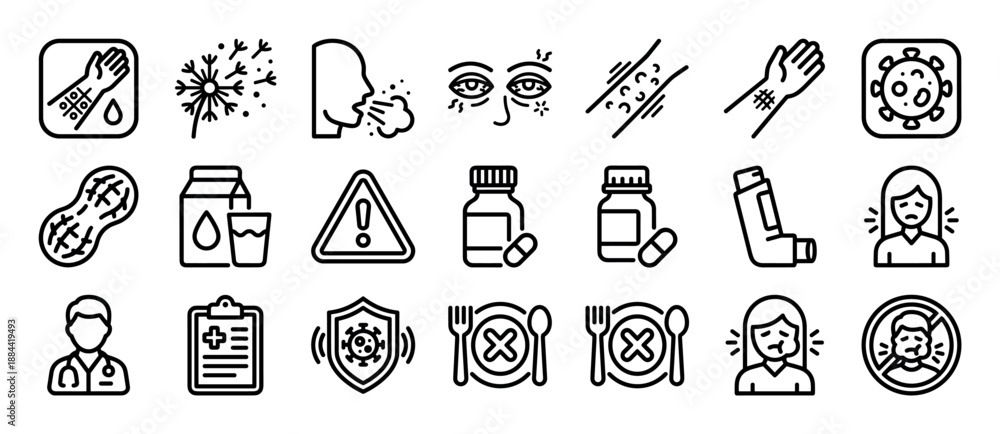 Fototapeta premium Allergy and intolerance outline icon set featuring various symbols for symptoms, allergens, diagnostics, and medical treatment for healthcare and immunology concepts