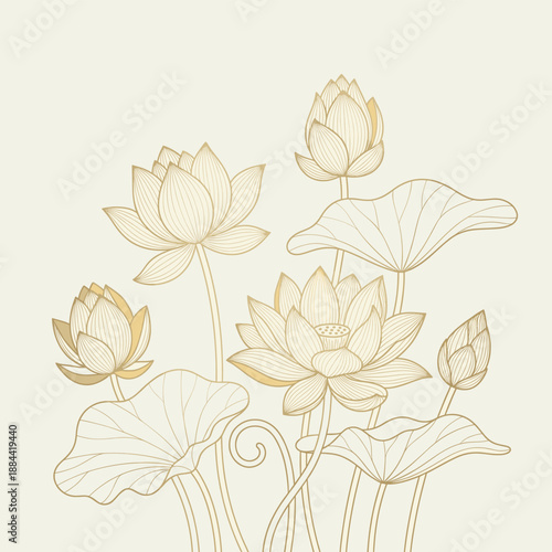 [Vector EPS]Golden Lotus Flowers with Leaves in Delicate Line Art Design