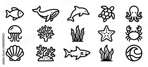 Set of black outline sea life icons featuring marine animals and plants like a fish, whale, dolphin, and turtle, designed in a simple, minimalist, and modern line art style