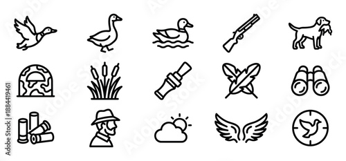 Set of duck hunting line icons featuring a shotgun, hunter, dog, decoy, call, and ammunition for outdoor sport and recreation in a minimalist black and white vector style