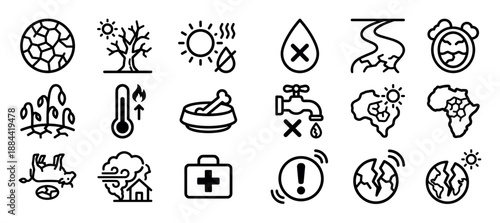 Set of black line icons representing drought, climate change, and global warming concepts like water scarcity, famine, desertification, and natural disasters for environmental awareness